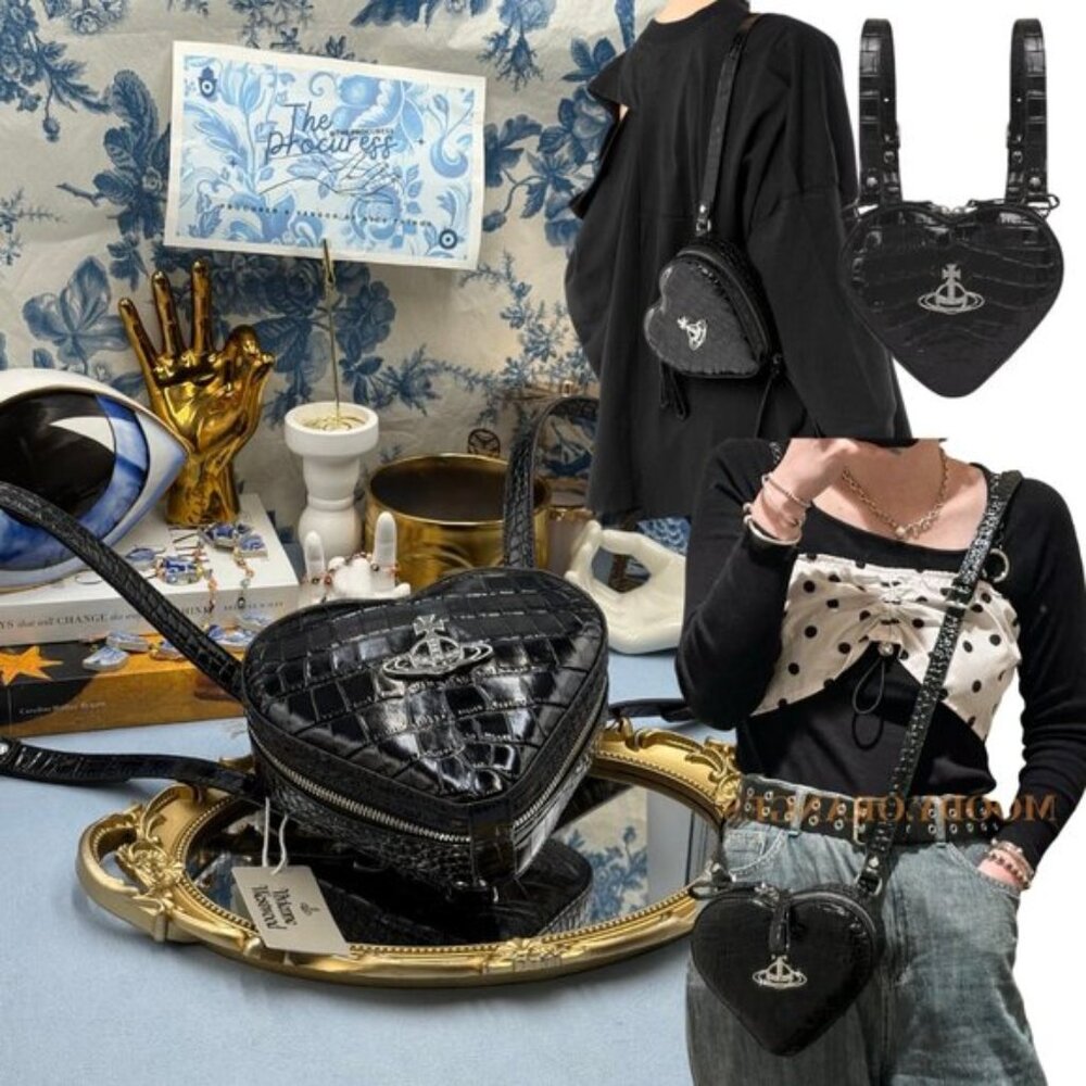 🆕 VIVIENNE WESTWOOD 🧿 NWT Ella Mini Heart Backpack, Black Croc - AUTHENTICATED